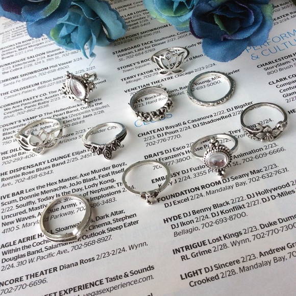 🌸10PC: SILVER MIDI KNUCKLE LOTUS RINGS BOHO OPAL - Picture 3 of 7